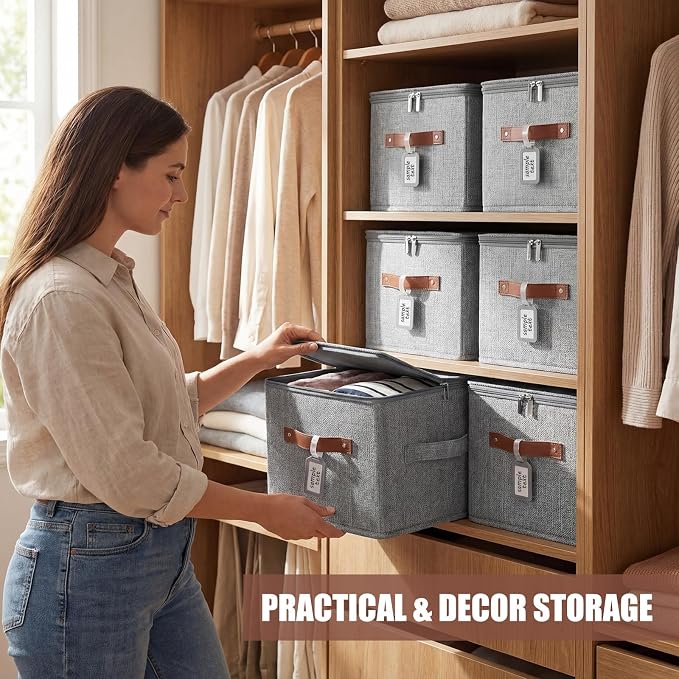 6 Pack 15 Inch Fabric Closet Storage Bins with Lids, 15x10x10In Large Foldable Cotton Linen Storage Cubes Boxes with PU Handle & Label Holder for Bedroom Organization, Shelf, Nursery, Gray - Image 6