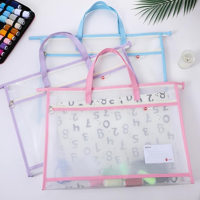 3 Pack Sewing Project Bag 17.72x12.99 Inches Craft Storage for Quilters Art Portfolio Bags with Handle and Zipper Mesh Folder Organizers for Artworks Charts Poster Scrapbook - Image 2