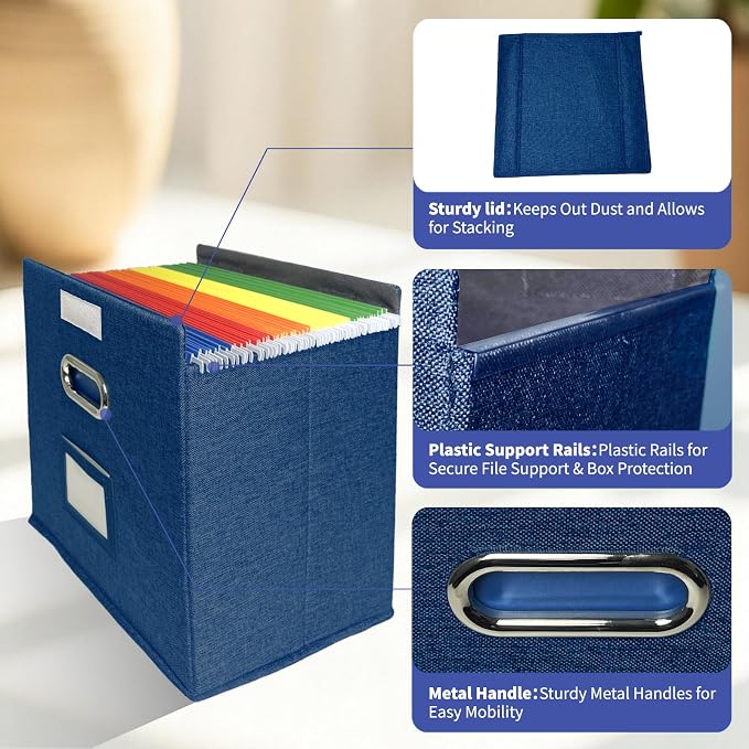 2 Pack Hanging File Folder Box with Lid, Durable Letter Size Filing Storage Box, Sturdy File Holder with Cardboard Support PVC Rails for Office Home Organizer, Blue - Image 4