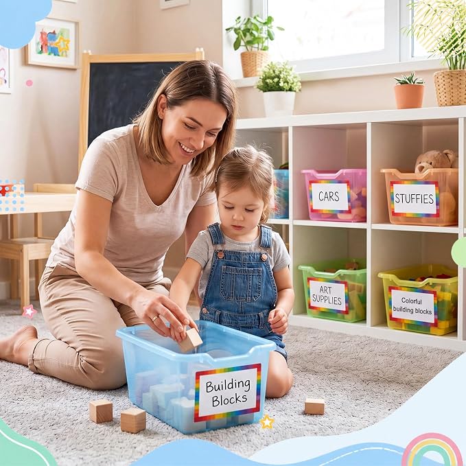 Funrous 12 Pack Plastic Cubby Bins for Classroom, Stackable Storage Bins with Rainbow Labels and Handles Cubby Organizer Containers for Teacher Supplies Home Office Daycare and Playroom (Bright) - Image 4
