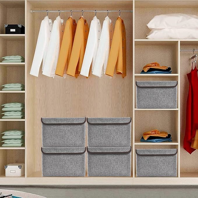 Fabric Storage Bin with Lids 14.6 x 9.5 x 9.5” [4 pack]+ Linen Storage Basket 17 x 12 x 15”[3 pack] (White&Grey) - Image 5