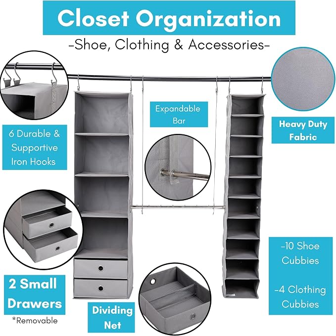 BIRDROCK HOME 5pc Hanging Closet Organizer System with Storage Shelves - Grey - Shoe Clothing Organization - Great for College Dorms or Kid Bedrooms Nursery - Image 6