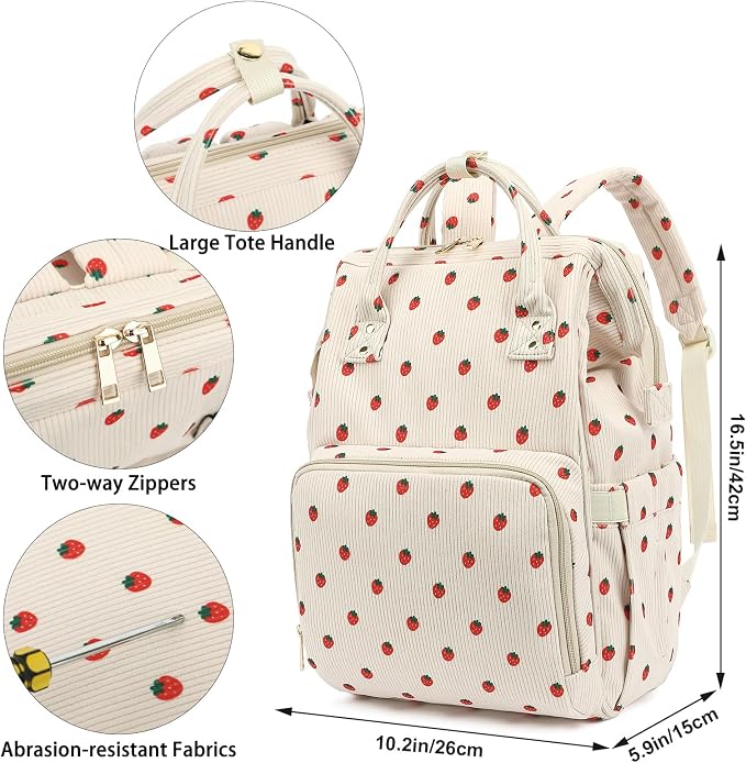 Corduroy Diaper Bag Backpack for Baby Girls Boys, Women Large Nappy Bags for Mom (Beige Corduroy Strawberry) - Image 7