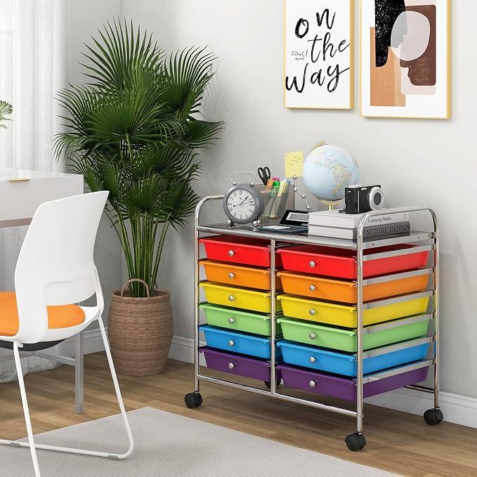 Giantex 12 Drawers Rolling Cart, Mobile Storage Drawer Cart, Classroom Organizer Cart for Office School Supplies Tools Scrapbook Paper Craft Small Printer, Utility Cart on Wheels, Multicolor - Image 4