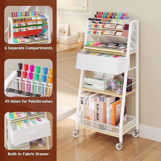3 Tier Rolling Cart - Metal Utility Cart with Storage Drawer and Wheels, Versatile Art & Craft Organizer for Home, Office, or Studio - Ideal for Storing Brushes, Paints, and Supplies（Maple） - Image 3