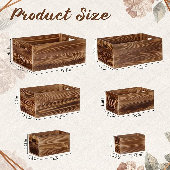 AceOrbit Set of 6 Rustic Wood Crates, Nesting Storage Boxes,Light Brown | Distressed Wooden Containers with Cutout Handles, Vintage Farmhouse Wedding Party Decor, Decorative Baskets for Supplies - Image 2