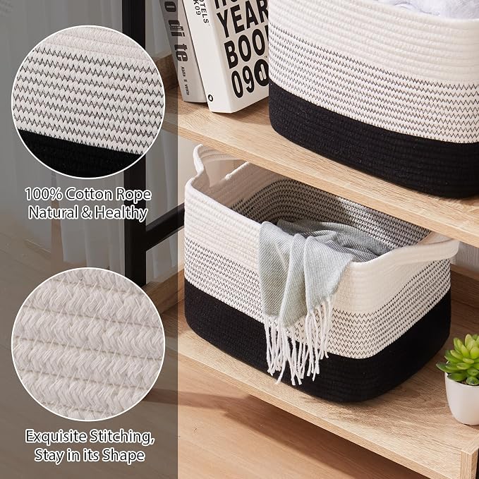 OIASKET Storage Baskets for Organizing, Woven Baskets for Shelves, Rectangle Decorative Organizer for Storage Clothes, Toy, Books, Towels Nursery Bins 3 Pack (Gradient Black, 13"x9.85"x8.7") - Image 4