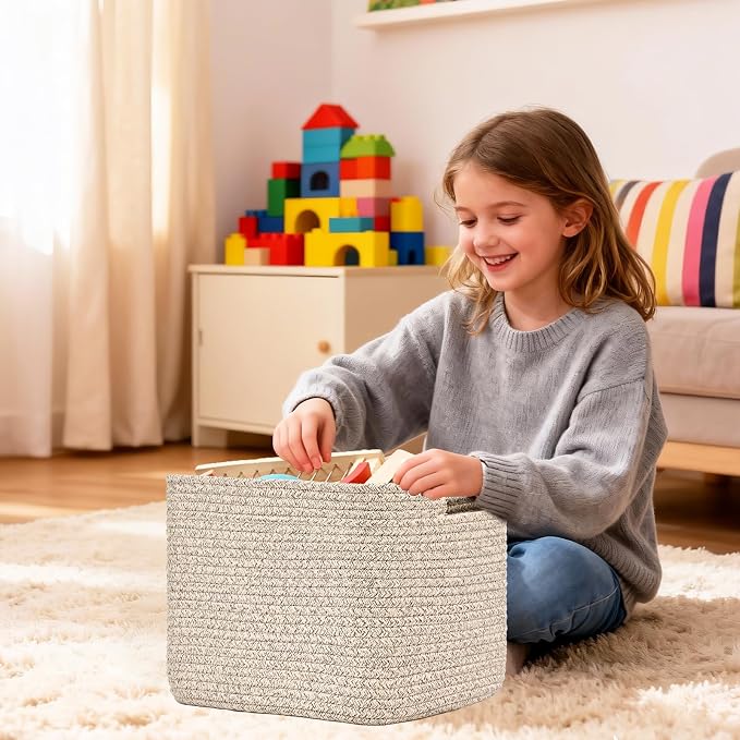 3 Pack Cube Storage Bin, 12”x12”x10” Cotton Rope Woven Baskets for Organizing Toys Clothes Towels, Square Gift Storage Baskets for Shelves, Nursery, Closet, Bathroom, Pantry (Jute) - Image 5