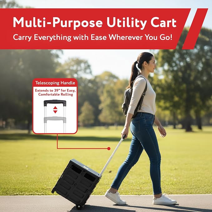 dbest Products Quik Cart Pro Collapsible Rolling Crate on Wheels - Black | Roll Up to 120 lbs Capacity, Heavy Duty Plastic Construction, Telescoping Handle, Folding Utility Cart - Image 2