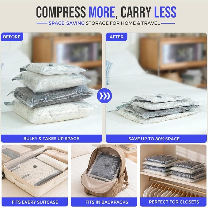 SORON Vacuum Seal Bags for Clothing Travel with Pump, Vacuum Storage Bags | 12 Pack Compression Packing, 4 Sizes for Clothes, Reusable Space Saver for Carry-On & Checked Luggage or Suitcase - Image 9