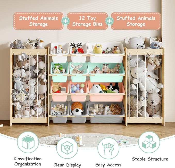 EXPERLAM Large Toy Storage Organizer, Wooden Stuffed Animal Storage & 12-Bins Toy Organizer, Double-Sided Plush Toy Holder Featuring Thicker Ropes, Space Save Playroom Bedroom Nursery Storage, Multi - Image 4