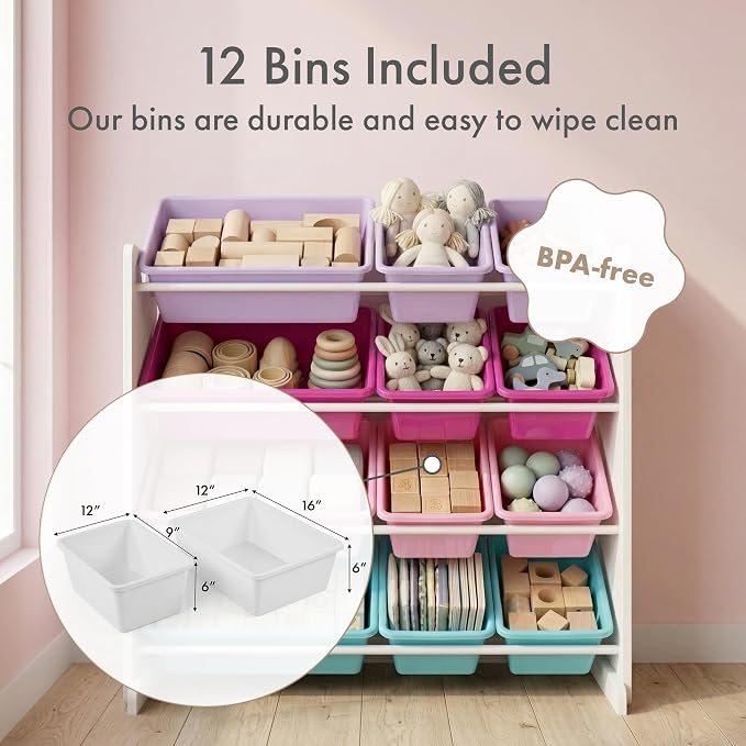 Humble Crew Kids Toy Organizer with 12 Bins, 4 Tier Storage for Playroom | Sturdy wood and steel toddler shelf, removable BPA-free containers, wall anchor anti-tip safety kit for bedroom or classroom - Image 3