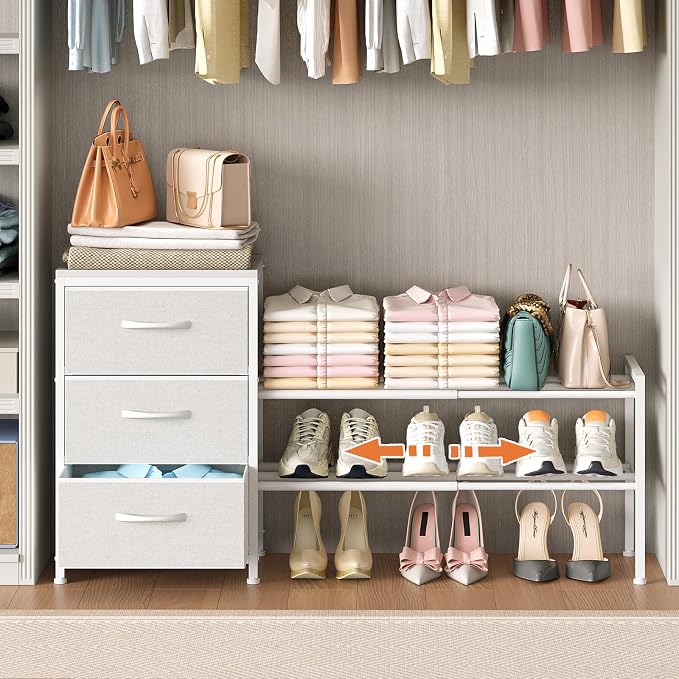 Cidaziya Expandable Closet Organizers and Storage, White Fabric Storage Dresser, 3 Drawer Dresser, Clothes Shelves for Kids, Purse Organizer Small Shoe Rack for Closet Bedroom(31.29~43.42 in) by Cidaziya