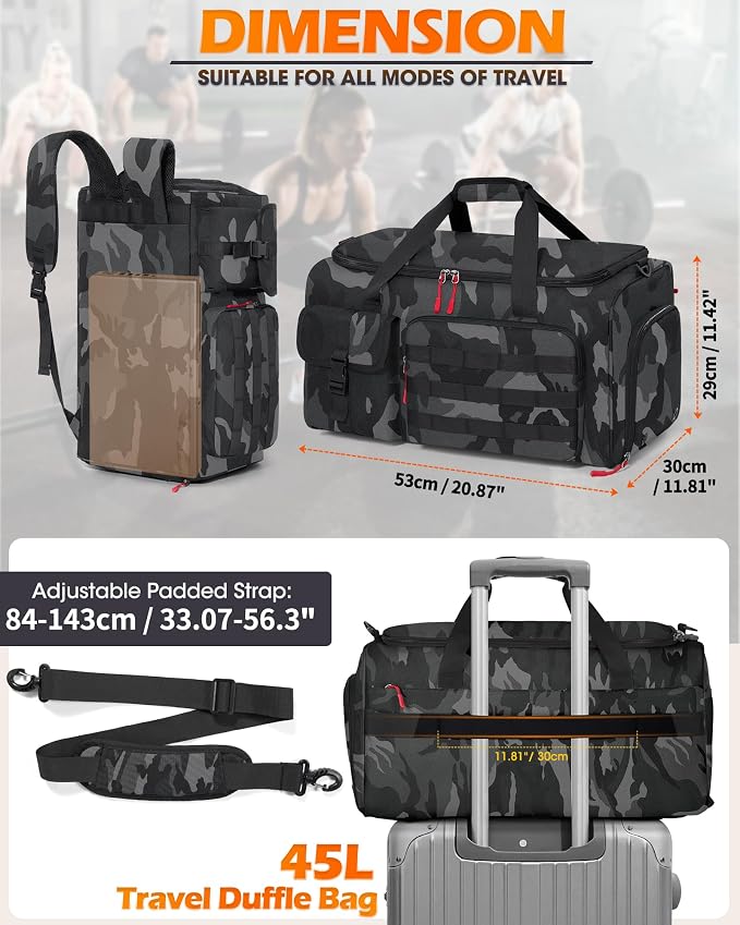 RAINSMORE Gym Bag for Men, 45L Sports Travel Duffel Bag with Shoe & Laptop Compartment, Gym Workout Backpack Carry On Weekender Bag Overnight Backpack for Travel, Black Camo - Image 3