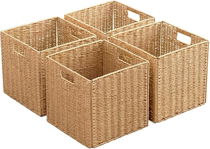 13x13x13 Storage Cube Bins Set of 4, Paper Rope Hand Woven Storage Basket with Handles, Collapsible Square Storage Cubes for Shelves, Wicker Shelf Baskets for Living Room Bedroom Organizing, Natural - Image 8