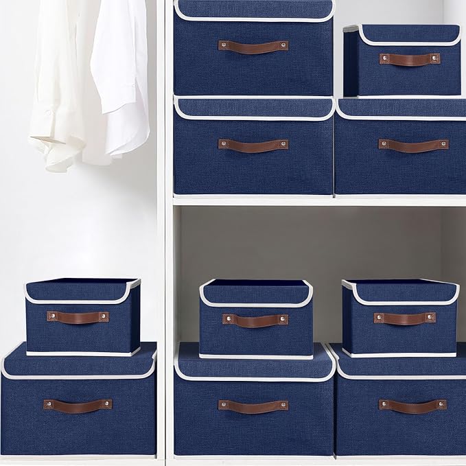 ANMINY Fabric Storage Box Bins with Lids, Blue, 13"x9"x7.9" | Keepsake Memory Storage, Cotton Linen, PP Board Reinforced, Washable, PU Handles, Foldable & Stackable, Decorative, Medium - Image 7
