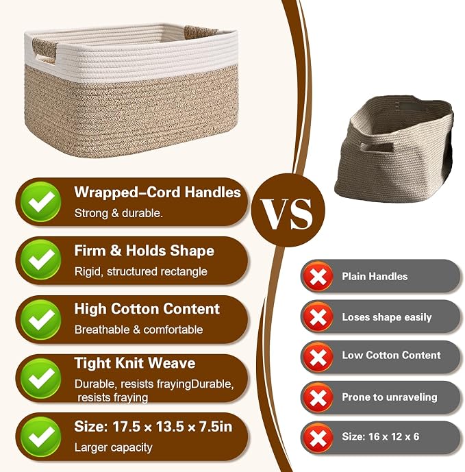 2 Pack Large Storage Basket for Organizing, 17.5"x13"x7" Woven Basket for Shelves, Closet Cube Storage Bins with Wrapped Handle, Cotton Rope Baskets for Kitchen, Clothes, Toys(Off White & Brown) - Image 7