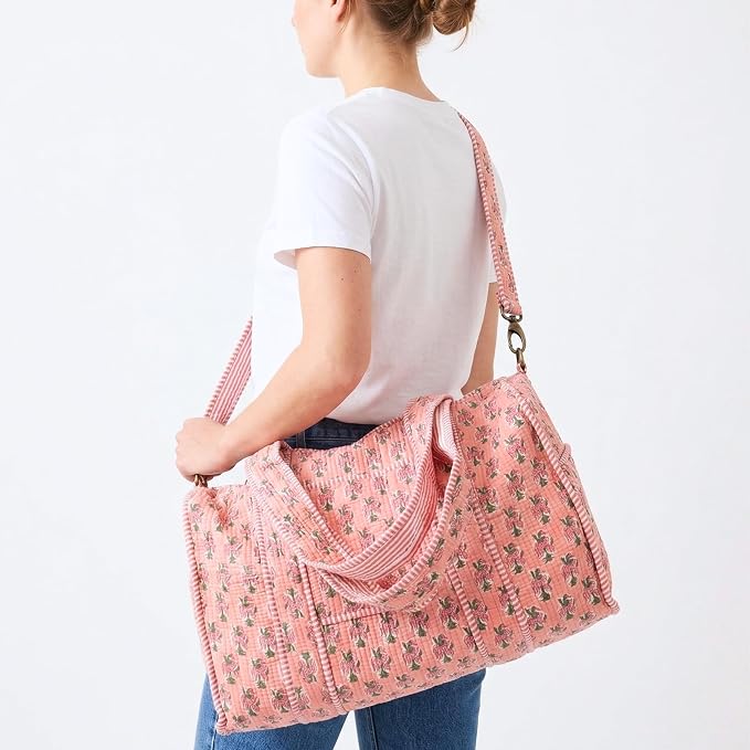 ATOSII Large Duffle Bag, Handblock Print 100% Quilted Cotton for Overnight Trip, Travel Weekender, Luggage, 2 Pockets with Zipper 1 Front Pocket, Detachable Long Strap, 20 X 10 X 12 Inches, Peach Aura - Image 3
