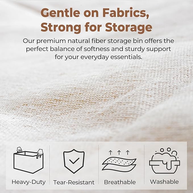 StorageWorks Storage Basket for Shelves, Storage Bins, Natural, 2-Pack | Large, With Reinforced PU Handles, Metal Frame, Sturdy Structure, Collapsible, Holds Clothes, Towels, Blankets - Image 4