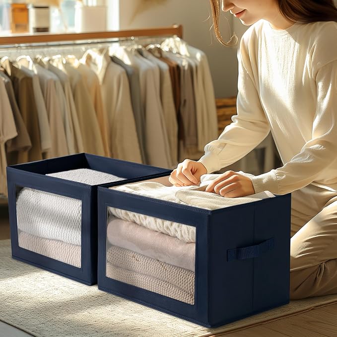 Organizing Bins with Lid - 4 Pack Foldable Clear Window Storage Bins, Large Storage Boxes with Handles, Storage Containers for Clothes, Towel, Blanket, Sheet, Navy Blue - Image 3