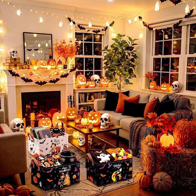 CHENGU Halloween Storage Bin Collapsible Halloween Basket for Gifts Buffalo Plaid Holiday Decor Large Pumpkin Basket Foldable Trick or Treat Box with Handle for Bedroom Office Home - Image 2