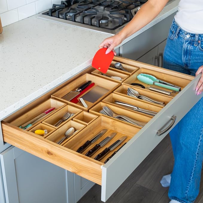 Grow Forward Bamboo Drawer Organizer Boxes - Set of 14 Wooden Drawer Organizers for Kitchen, Bathroom, Office, Desk, Vanity, Makeup - Non-Slip Junk Drawer Organizer Trays for Storage and Organization - Image 5
