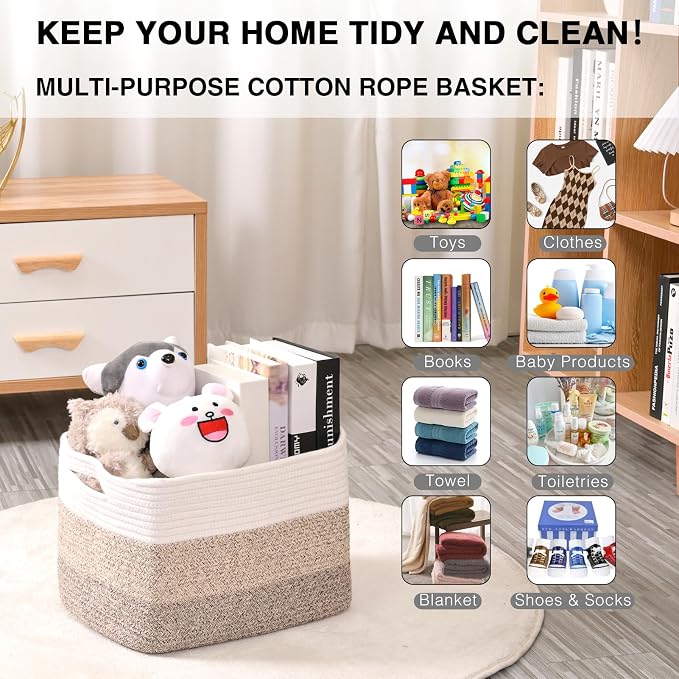 Storage Baskets for Organizing Shelves, Woven Cotton Rope Basket for Storage, Decorative Baskets for Shelves, Soft Basket for Living Room Bedroom, 14.8"×11"×9.5", Pack of 3, Gradient Brown - Image 4