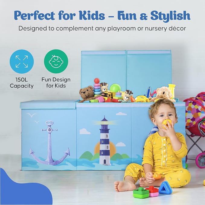 Extra Large Collapsible Sturdy Toy Storage Organizer with Lids, Ocean Theme Toy Box for Boys & Girls, 40"x16"x16", Modern, Blue - Image 3