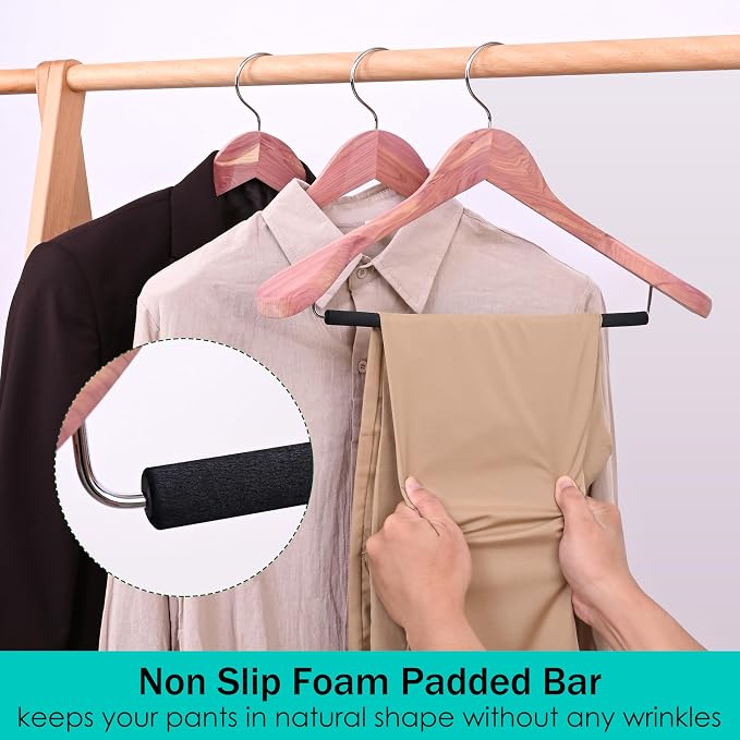 Unfinished American Red Cedar Wooden Coat Suit Hangers with Extra Wide Shoulder, Wood Jacket Clothes Hanger with Non Slip Black Padded Pant Bar- 360°Flexible Hook, Natural 4 Pack - Image 5