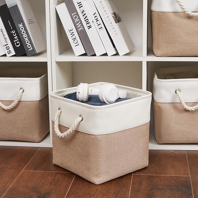 11 Inch 6 Pack Cube Storage Bins with Handles | Foldable Storage Basket,Fabric Storage Basket,Storage cube baskets suitable for the Home & Office(White&Beige) - Image 4