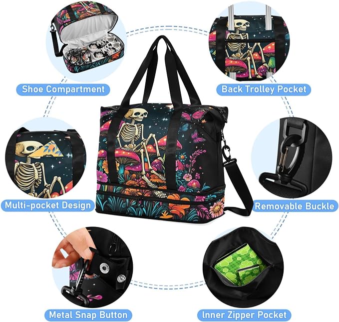 MNSRUU Unisex Adults Travel Duffel Tote Bag Skeleton A14152 17.32 x 8.66 x 15.55 inches Multi-Compartment Wet/Dry Separated Adjustable Strap Trolley Strap - Image 2