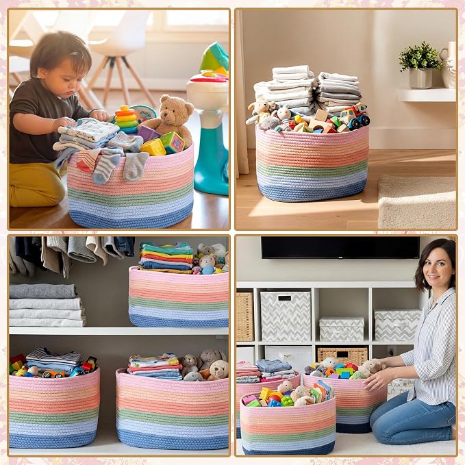 FoldTier 3 Pack Boho Storage Bins Cute Large Teacher Woven Baskets Storage Return to School Treasure Box for Kid Daycare Elementary Preschool Book Closet Shelf Nursery Decor 15 x 9 x 10 Inches - Image 4