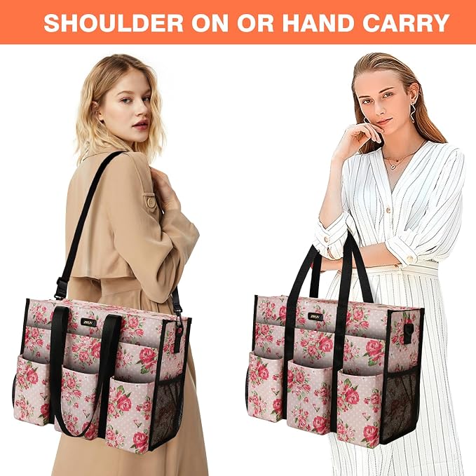 IBFUN Utility Tote Bag with 24 Pockets, Large Teacher Travel Tote for Women | Large Work Tote Bag 2pcs with Zipper for Travel Daily School Teacher Nurse, Large Lightweight Laptop Shoulder Bag Handbag - Image 2