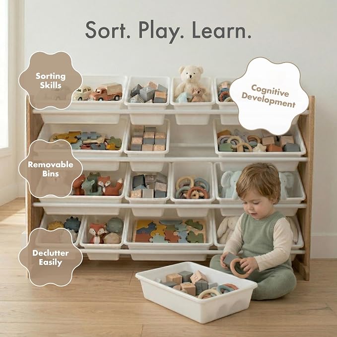 Humble Crew Kids Toy Organizer with 20 Bins, 4 Tier Storage for Playroom | Sturdy wood and steel toddler shelf, removable BPA-free containers, wall anchor anti-tip safety kit for bedroom or classroom - Image 5