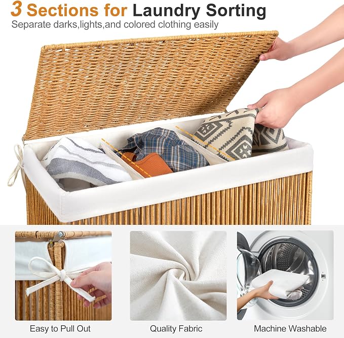 WOWLIVE Laundry Basket 3 Section, Handwoven Laundry Hamper with Wheels | Rolling Clothes Hamper with Lid and Divided Removable Bag, 160L Large Laundry Sorter, Laundry Room Organization, Natural - Image 5