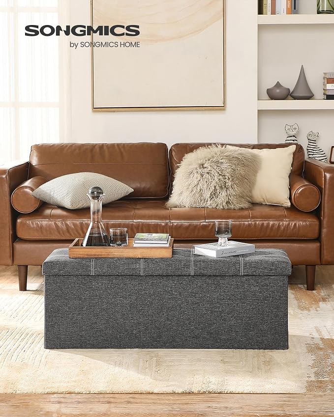 SONGMICS Mazie Collection - 43 Inches Ottoman Storage Bench, 35 Gal. Folding Chest with Breathable Linen-Look Fabric, Load up to 660 lb, for Entryway, Living Room, Bedroom, Dark Gray ULSF077G04 - Image 2