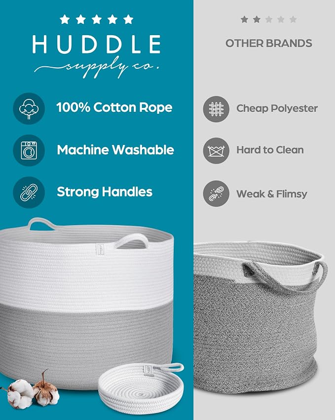 Huddle XXXXL WASHABLE Jumbo 125L Blanket Basket for Living Room, Toys, Baby | Woven Decorative Cotton Rope Big Basket+Mini Basket for Nursery, Dog Toys, Storage, Organization Bins 24x17in Grey & White - Image 3
