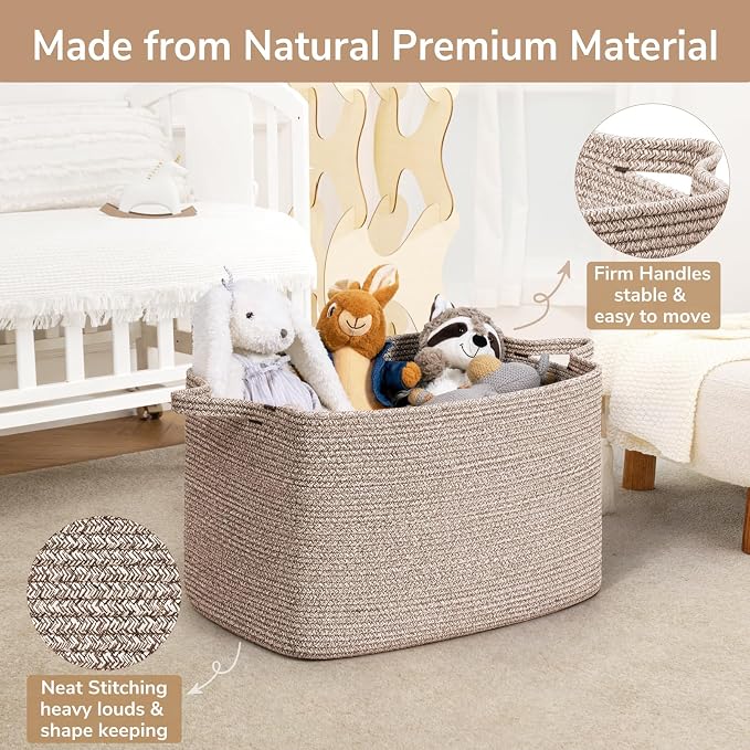 Goodpick 85L Large Woven Rope Blanket Basket, Rectangle, Brown | 23.6'' x 15.7'' x 13.8'' Storage Basket for Blankets, Toys & Clothes, Living Room & Bedroom Organization, Reinforced Handles - Image 6