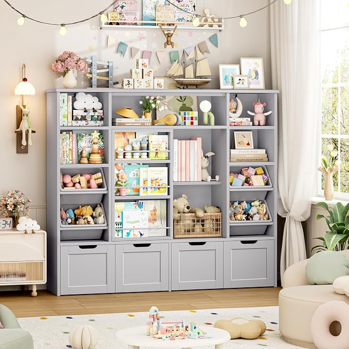 Toy Storage with Sliding Bookshelf, Toy Organizer with 4 Bins | 55.1’’ W Large Toy Storage Organizer Kids Bookshelf with 4 Movable Drawers, Toy Bins Playroom Storage for Kid Room, Grey - Image 3