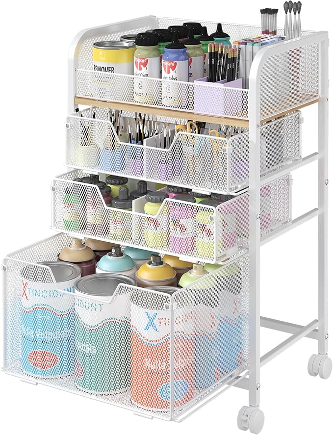 4-Tier Rolling Utility Cart with 3 Drawers-White Craft Organizers and Storage with DIY Dividers, Under Desk Cart with Lockable Wheels, Craft Cart Art Cart for Brushes Artifacts Patent Pending by FollowWithYociyogaTogether