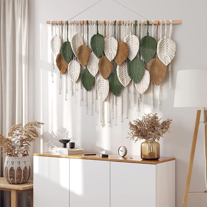 Large Macrame Wall Hanging Boho Woven Tapestry Chic Home Decor Wall Art | KHOYIME Modern Bohemian Handmade Leaf Feather Decoration for Apartment Dorm Living Room Bedroom Nursery Backdrop 39"W X29.5"L - Image 5