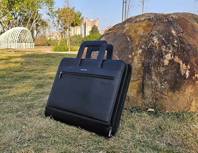 14" Laptop Briefcase, Vegan Leather Portfolio with Zipper Compartments x 2, A4 Papers Holder Padfolio Organizer - Image 8