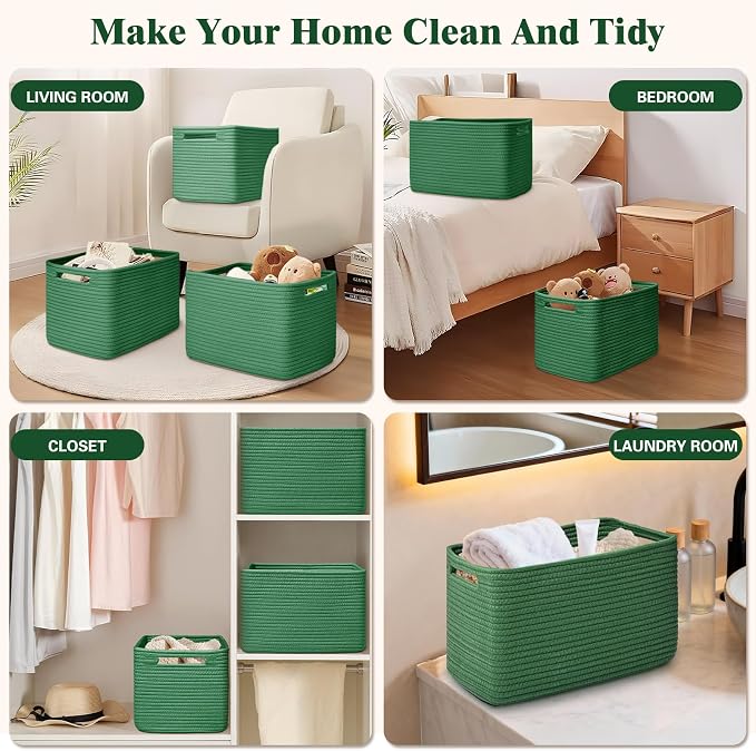 Storage Baskets for Organizing, 4 Pack Baskets for Shelves, Decorative Storage Bins for Shelves, Cotton Rope Storage Basket with Handles, Woven Basket for Storage, 13''Lx8.7''Wx7.9''H, Green - Image 6