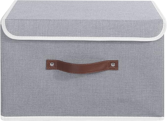 ANMINY Fabric Storage Box Bins with Lids, Gray, 15"x10"x10" | Keepsake Memory Storage, Cotton Linen, PP Board Reinforced, Washable, PU Handles, Foldable & Stackable, Decorative, Large - Image 2