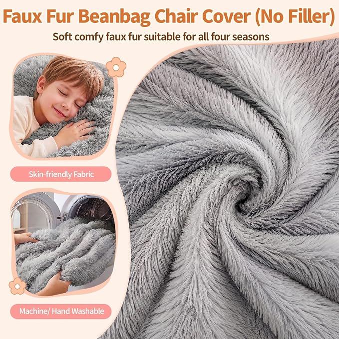 Stuffed Animal Storage Bean Bag Chair Cover, Soft Bean Bag Cover | Fluffy Faux Fur Stuffed Animal Storage Chair, Non-Slip Bottom, Fill with Plush Toys or Blankets, for Adults Teens Kids Girls - Image 4