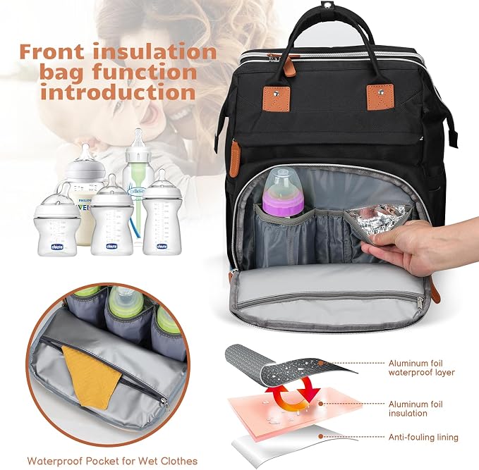 Diaper Bag Backpack for New Parents, Large Capacity Baby Travel Bag with Bottle Holders, Multiple Compartments (Black) - Image 3