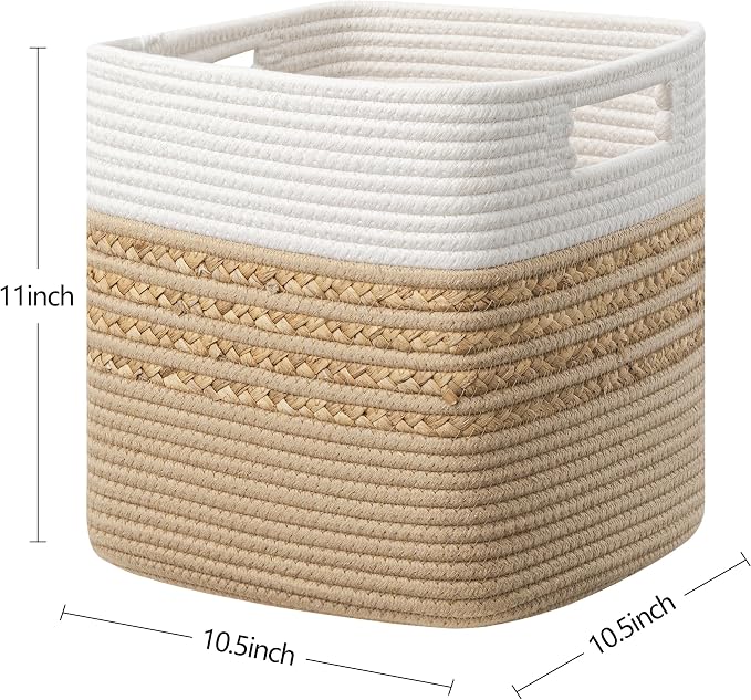UBBCARE Set of 4 Storage Cubes 13 X 13 X 13 in, Water Hyacinth Storage Bins for Shelves, Toys, Book, Storage Baskets with Handles, Cotton Rope Woven Baskets for Organizing, Brown - Image 2