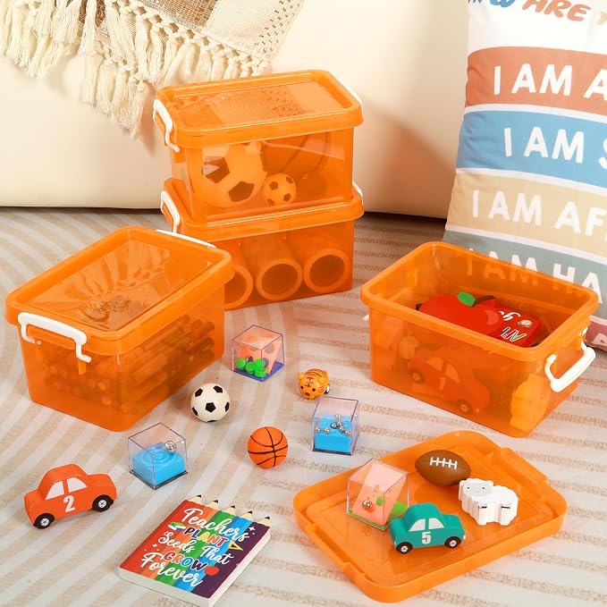 6 Pack 4 Quart Colorful Plastic Storage Bins with Lids Stackable Storage Bins with Latching Lids Handle Clear Colored Storage Organizer Bins for Home Office Pantry Containers(Orange) - Image 4
