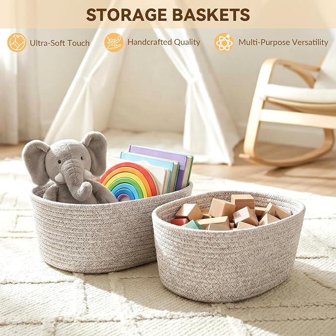 10 Pack Khaki Small Woven Baskets for Organizing, 12"x8"x5" Cotton Rope Storage Bins with Handle, Empty Gift Basket Kit for Baby Shower, Nursery, Shelf, Bathroom & Closet Organizing - Image 4
