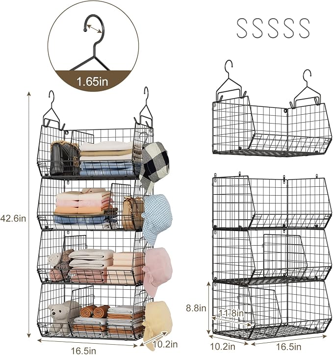 Jautokerdar 4 Tier Hanging Closet Organizer with Dividers,Extra Large Storage Hanging Shelf with 5 S Hooks 4 Dividers,Hang on Wire Closet Shelving Clothes Organizer-Black - Image 4